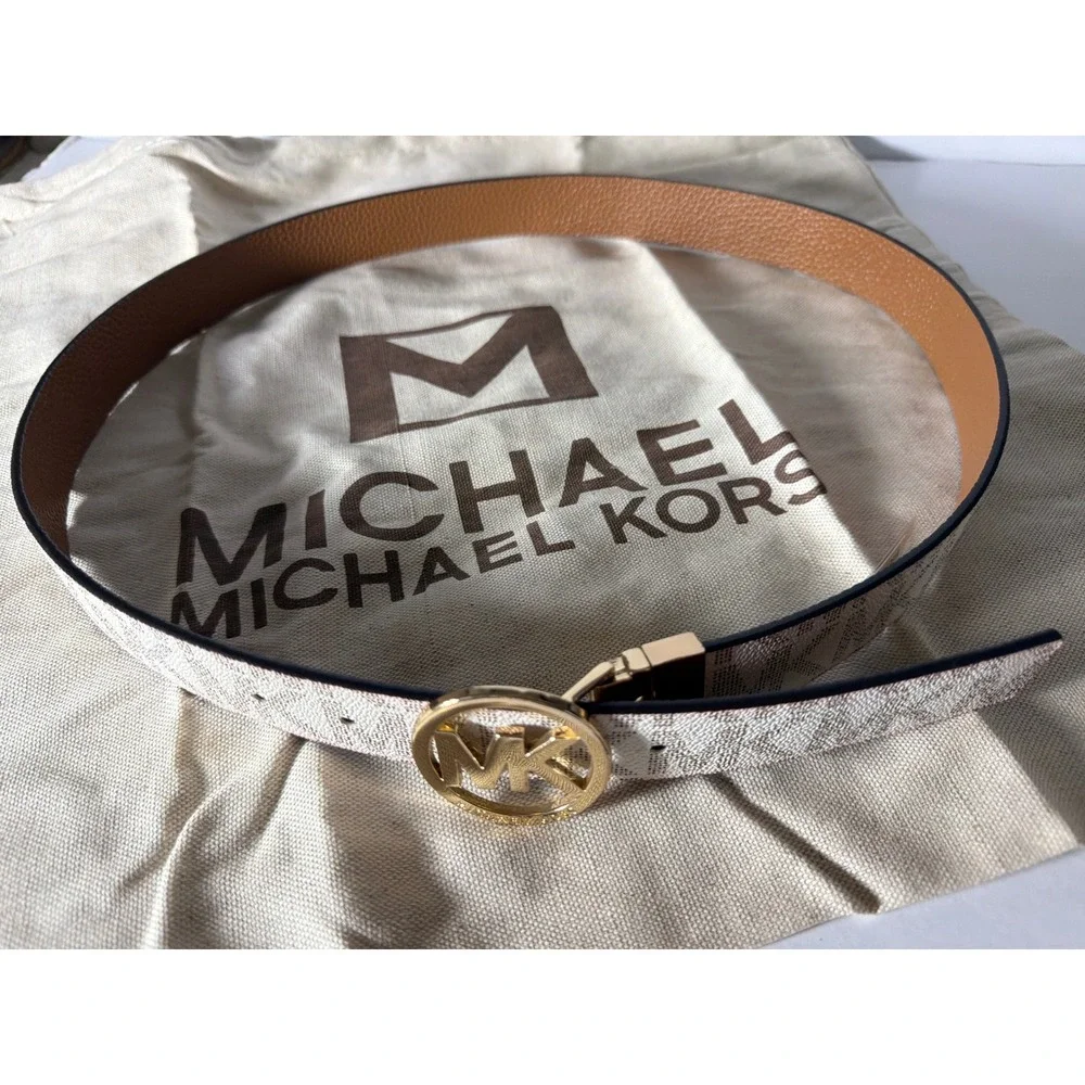 Michael Kors Reversible Belt Vanilla White MK Logo Acorn Brown Gold Buckle L